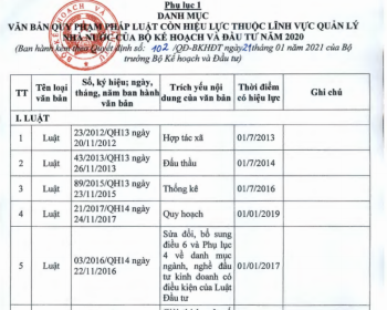Danh mục văn bản QPPL còn hiệu lực và hết hiệu lực thuộc lĩnh vực Kế hoạch và Đầu tư