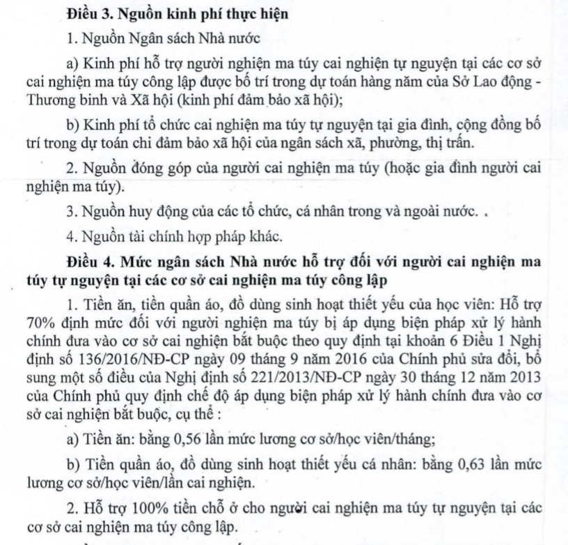 Quy định mức đóng góp, chế độ hỗ trợ đối với người nghiện ma túy cai nghiện tự nguyện