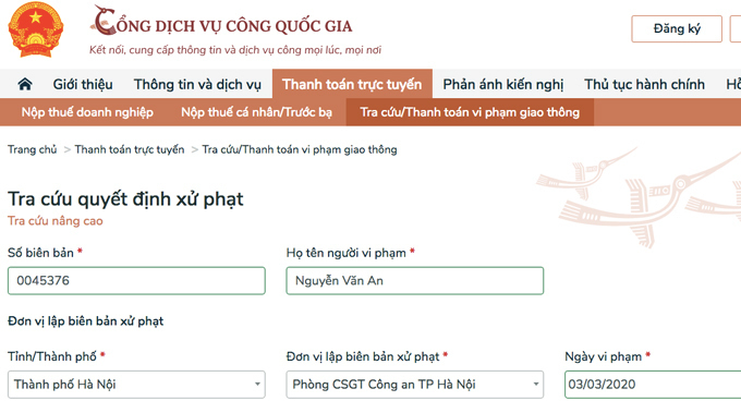 Giao diện thanh toán tiền vi phạm giao thông tích hợp trên Cổng dịch vụ công trực tuyến quốc gia.